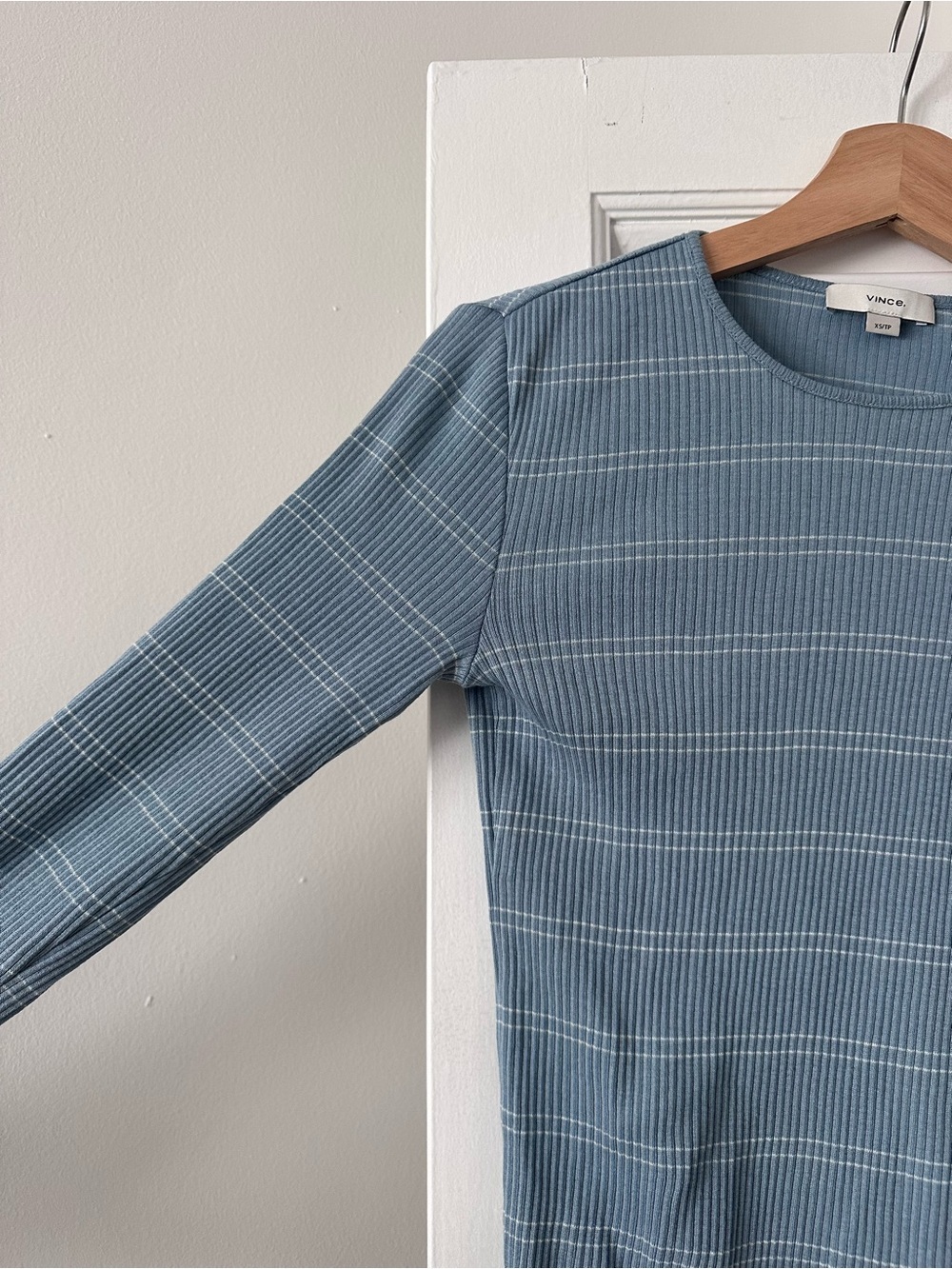 Vince Ribbed Pima Cotton Striped Top | Slate Blue | Size XS - Picture 3 of 6